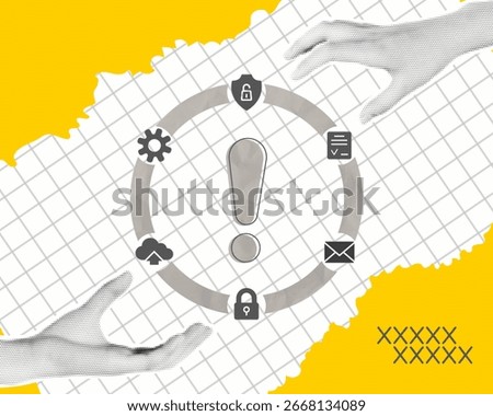 Halftone collage with exclamation mark and digital security icons, concept of online data access, proxy server, backup server, cyber insurance, IT protection and privacy