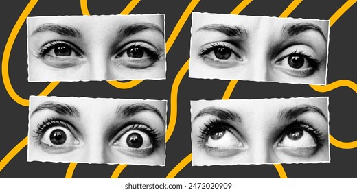 Halftone collage of eyes with different emotions, isolated on a dark background, cut from a magazine. Vector retro pop art element, yellow line doodles.