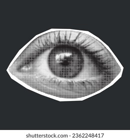 Halftone collage of eyes isolated on dark background. Crazy pop art vector decorative element, retro cut out from a magazine.