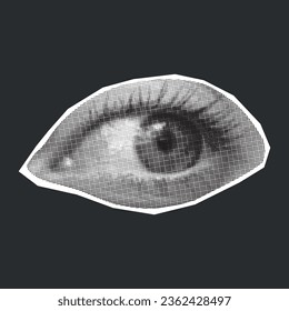 Halftone collage of eyes isolated on a dark background, cut from a magazine. Vector retro pop art clipart element, looking to the side.