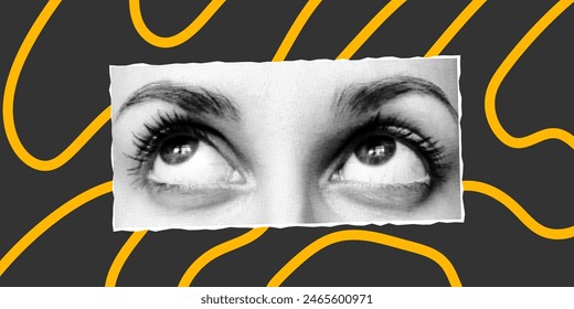 Halftone collage of eyes isolated on a dark background, cut from a magazine, rolling eyes. Vector retro pop art PNG element, yellow doodle lines.