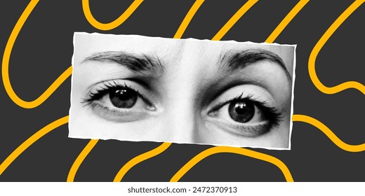 Halftone collage of eyes isolated on a dark background, cut from a magazine, sarcastic look. Vector retro pop art PNG element, yellow doodle lines.