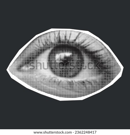 Halftone collage of eyes isolated on dark background. Crazy pop art vector decorative element, retro cut out from a magazine.