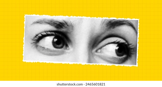 Halftone collage of eyes on a bright yellow checkered background, cut from a magazine. Vector retro pop art PNG element, grunge, raised eyebrow.