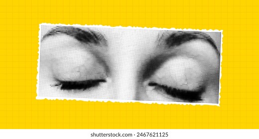 Halftone collage of eyes on a bright yellow checkered background, cut from a magazine. Vector retro pop art PNG element, grunge, closed eyes.