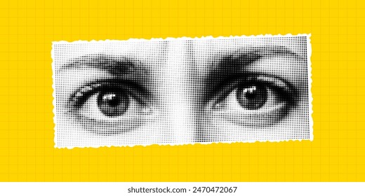 Halftone collage of eyes on a bright yellow checkered background, cut from a magazine. Vector retro pop art PNG element, grunge, frowning eyebrows.