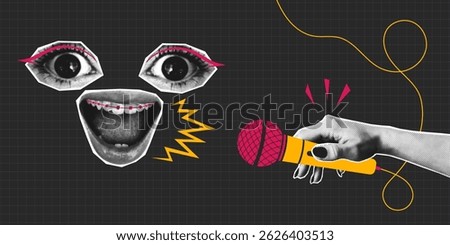 Halftone collage eyes and open mouth with microphone in hand. Collage banner would be fine for interview, podcast or karaoke and singing. Halftone face with doodle element and mic. Vector illustration