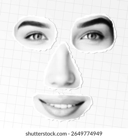 Partes da face da colagem de meio-tom — olhos, nariz, boca no fundo da grade