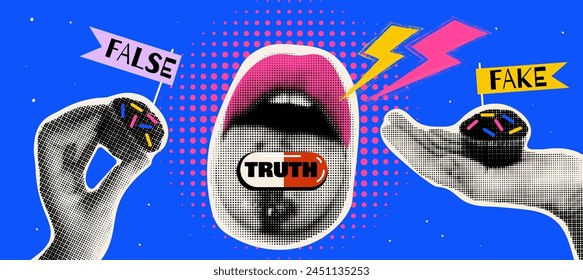  Halftone collage False, Truth information. Choose the truth vector illustration. Fake news concept