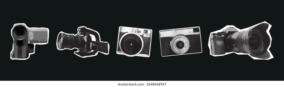 Halftone collage featuring a set of five retro-style cameras: three video cameras and two photo cameras arranged in a stylized pop art layout. Symbolizing media evolution, analog technology