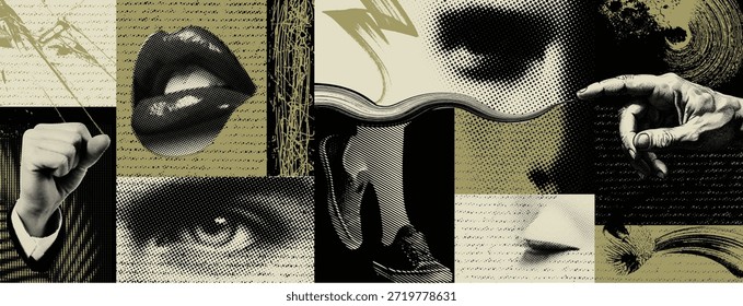 Collage de medio tono con manos simbólicas, labios y formas abstractas con identidad humana conceptual ideal para redes sociales, tarjetas, impresión en la ropa.