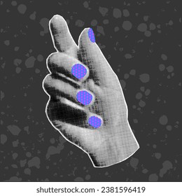 Halftone collage of female hand with purple neon nails with pink polka dots on dark textured background. Bright doodle elements.