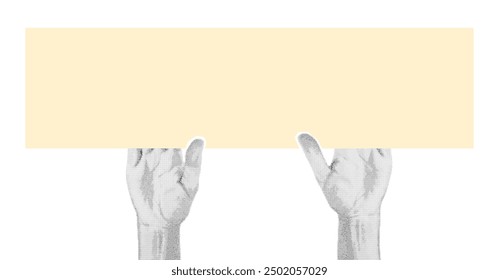 Halftone collage of female hands holding a banner with space for your text. Trendy vintage vector illustration on transparent background
