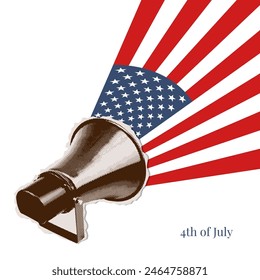 Halftone collage Fourth of July vintage greeting banner. Congratulatory card for Independence Day of America with megaphone with American flag. Vector minimalistic illustration.