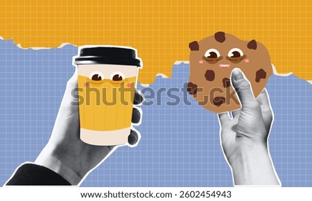 Halftone collage with funky Coffee and Cookie characters