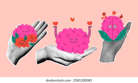 Halftone collage with funny cartoon brain. Conceptual mental health vector illustration.
