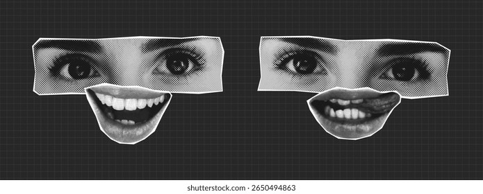 Collage semitono de cara de niña con diferentes emociones. Conjunto de ojos y boca femeninos combinados en una cara en estilo collage con efecto semitono. Aislado en un fondo oscuro. Ilustración vectorial.