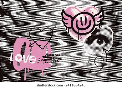 Halftone collage with graffiti contemporary punk grunge elements. Modern poster with rough street art and brush strokes. Urban Concept of relationship, love, romance, valentine day. Vector