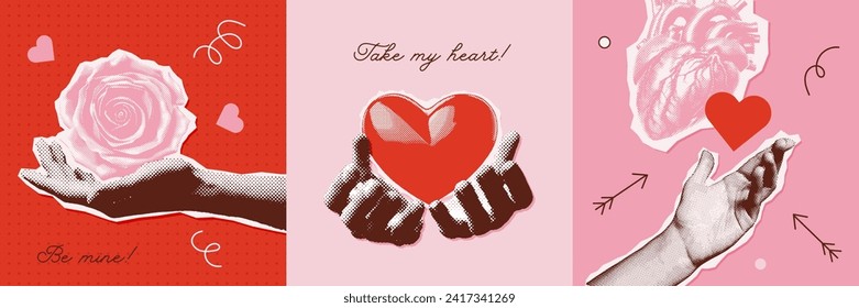 Halftone collage Greeting cards set for Valentine's day decoration. Paper elements of hands holding heart and flowers. Trendy y2k vector illustration