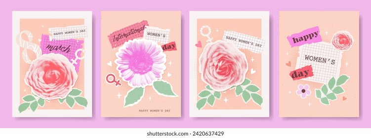 Halftone collage greeting cards set for International Women's day. Trendy posters with retro halftone sticker flowers, leaf, paper torn, clipping notebook sheets. Trendy y2k vector illustration.