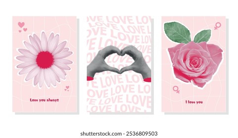 Collage de medio tono Tarjetas de felicitación para la decoración del día de San Valentín. Elementos de papel en forma de manos, margaritas y rosas. El concepto de un cartel, postal, invitación.