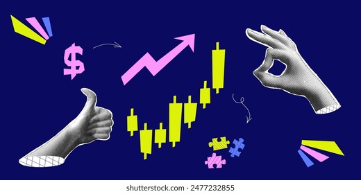 Halftone collage with hand chart. Growth finance business and marketing. Bright concept with halftone hand. Vector contemporary illustration