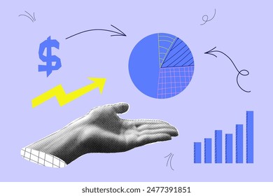 Collage de semitonos con carta de mano. Crecimiento financiero negocio y marketing. Concepto brillante con mano de medio tono. Vector ilustración contemporánea