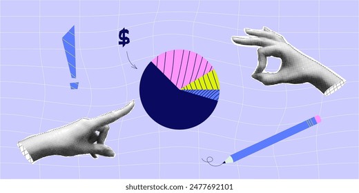 Collage de semitonos con carta de mano. Crecimiento financiero negocio y marketing. Concepto brillante con mano de medio tono. Vector ilustración contemporánea