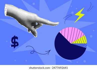 Collage de semitonos con carta de mano. Crecimiento financiero negocio y marketing. Concepto brillante con mano de medio tono. Vector ilustración contemporánea