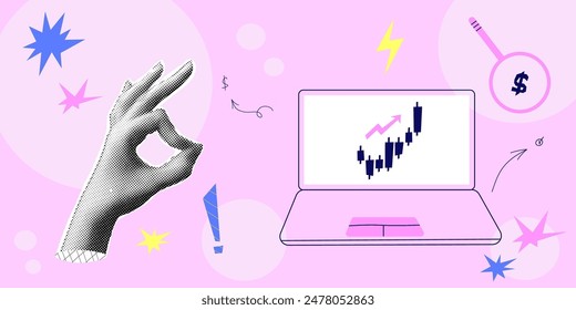 Halftone collage with hand chart. Growth finance business and marketing. Concept with halftone hand. Vector contemporary illustration