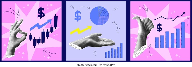 Halftone collage with hand chart. Growth finance business and marketing. Bright concept with halftone hand. Vector contemporary illustration