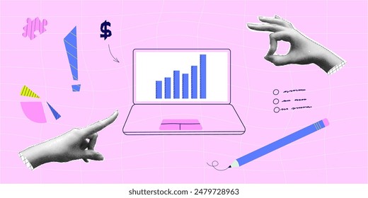 Halftone collage with hand chart. Growth finance business and marketing. Concept with halftone hand. Vector contemporary illustration