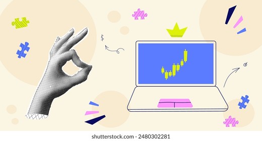 Halftone collage with hand chart. Growth finance business and marketing. Concept with halftone hand. Vector contemporary illustration