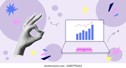 Collage de semitonos con carta de mano. Crecimiento financiero negocio y marketing. Concepto con mano de medio tono. Vector ilustración contemporánea