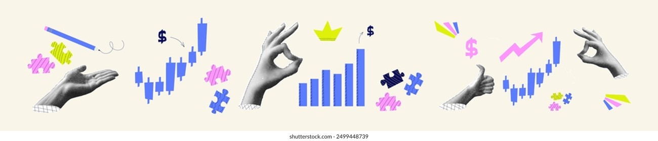 Collage semitono con gráfico de la mano. Crecimiento del negocio de finanzas y marketing. Concepto brillante con la mano del semitono. Vector ilustración contemporánea