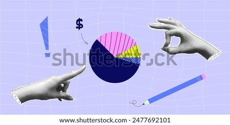 Halftone collage with hand chart. Growth finance business and marketing. Bright concept with halftone hand. Vector contemporary illustration