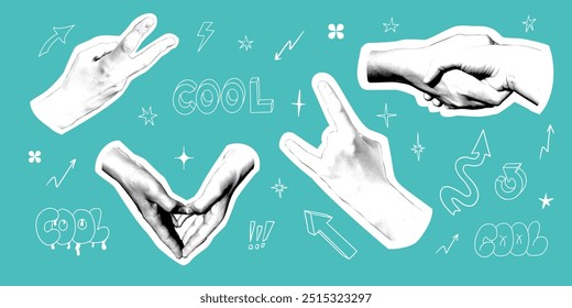Halbtoncollage mit coolen Handgesten und Kritzeln. Retro Collage Elemente für Poster, Banner, Social Media. Vektorgrafik mit Konturpfeilen und Wörtern