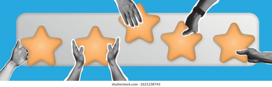 Halftone collage, Hand With Five Star Rating. Woman Hand giving gold five star rating feedback. Best score point to review service.