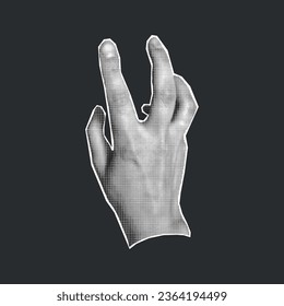 Halftone collage hand gesture isolated on dark background. Magazine cut out trendy retro element, pop art banner.