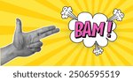 Halftone collage, hand gesture in the shape of a gun, speech bubble with expressive inscriptions bam, cloud and explosions in a comic style on a yellow background. Pop art retro banner.