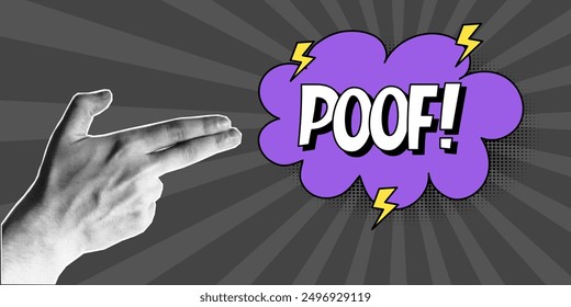 Halbtoncollage, Handgeste in Form einer Pistole, violette Sprechblase mit ausdrucksstarken Inschriften, Poof, Wolke im Comic-Stil. Pop Art Retro Banner, zwei Finger, Arm, aus Papier geschnitten.