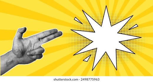 Halftone collage, hand gesture in the shape of a gun, empty speech bubble, explosion in a comic style. Template for retro pop art banner, two fingers, cut out of magazine element.