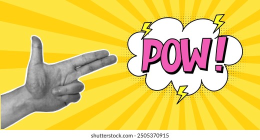Halftone collage, hand gesture in the shape of a gun, speech bubble with expressive pink inscriptions pow, cloud in a comic style. Pop art yellow retro banner, two fingers, arm, cut out of paper.