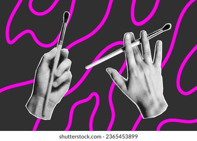 Halftone collage of hand gestures on a dark background. Hands holding tassels, paper cut fashion elements, retro punk style, pink doodle elements.