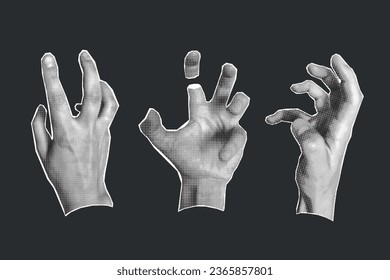 Collage de semitono de gestos de mano en un fondo oscuro. Conjunto con diferentes gestos de palma, elementos vectores punk retro, plantillas para el diseño.