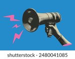 Halftone collage hand a hold loudspeaker. Breaking news concept or sale announce. Isolated Contemporary vector illustration