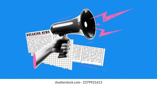 Halftone collage hand a hold loudspeaker. Breaking news concept. Newspaper clippings and doodles. Contemporary vector illustration.