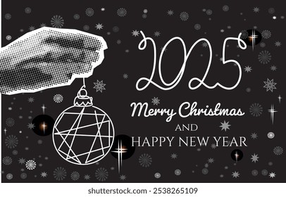Halftone Collage with Hand holding Christmas ball on black background. Halftone xmas and new year design 2025.