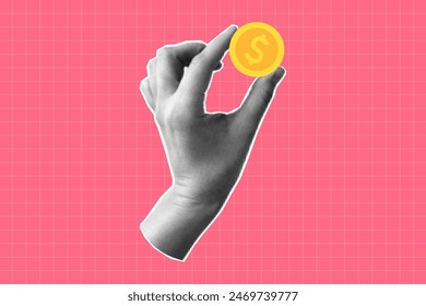 Halftone collage of a hand holding a dollar coin. Banner on a financial theme with money. Concept of payment and financial planning, saving. Paper cut element.