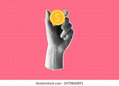 Halftone collage of a hand holding a dollar coin. Banner on a financial theme with money. Concept of payment and financial planning, saving. Paper-cut element on a pink checkered background.